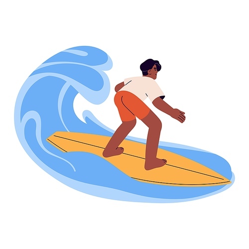 Happy boy riding surfboard, catching a wave. Active young man surfing on summer holidays. Surfer swimming in sea on board. Extreme water sport. Flat vector illustration isolated on white background.