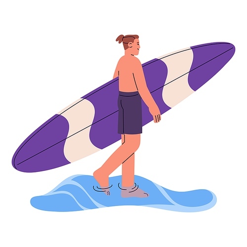 Happy surfer walking with board. Active man carrying surfboard at sea cost on holidays, vacation. Boy doing summer water sport. Surfing activity. Flat vector illustration isolated on white background.