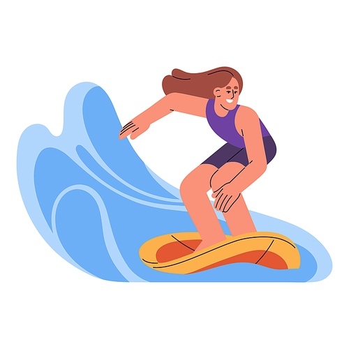 Happy active girl riding surfboard on summer holiday. Woman surfer on board catching a wave on vacation. Surfing activity, extreme water sport. Flat vector illustration isolated on white background.