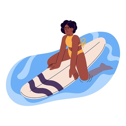 Young woman sitting, relaxing on surfboard in sea water. Surfer swimming on board on summer holiday, vacation. Girl doing surfing sport activity. Flat vector illustration isolated on white background.