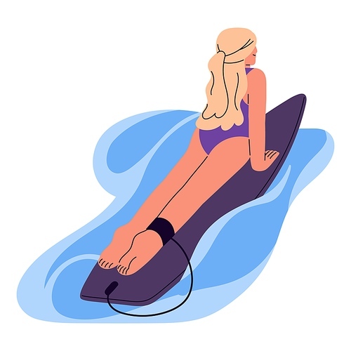 Girl lying on surfboard, swimming in ocean or sea water. Young woman surfing on board, relaxing on summer holidays. Happy surfer catching a wave. Flat vector illustration isolated on white background.