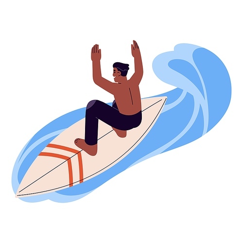 Happy surfer on board catching a wave. Boy swimming on surfboard in sea water on summer holidays. Active young man surfing, doing extreme sport. Flat vector illustration isolated on white background.