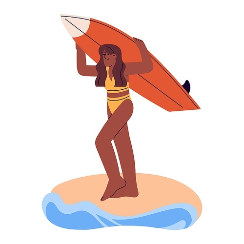 Happy girl carrying surfboard. Active young woman surfer walking with board for surfing on sea beach. Water sport activity on summer holidays. Flat vector illustration isolated in white background.