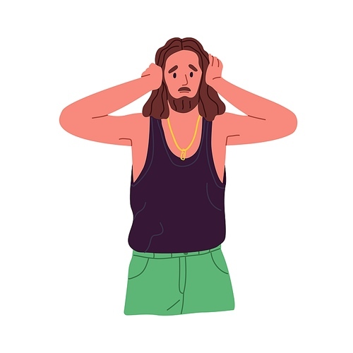 Young man closing ears from noise. Unhappy sad discontent person covering and protecting from loud noisy sounds, dont want to listen smth. Flat vector illustration isolated on white background.
