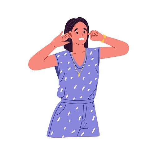 Angry woman dont want to listen, closing and covering ears with fingers from noise. Irritated person protecting from loud noisy sounds. Flat vector illustration isolated on white background.