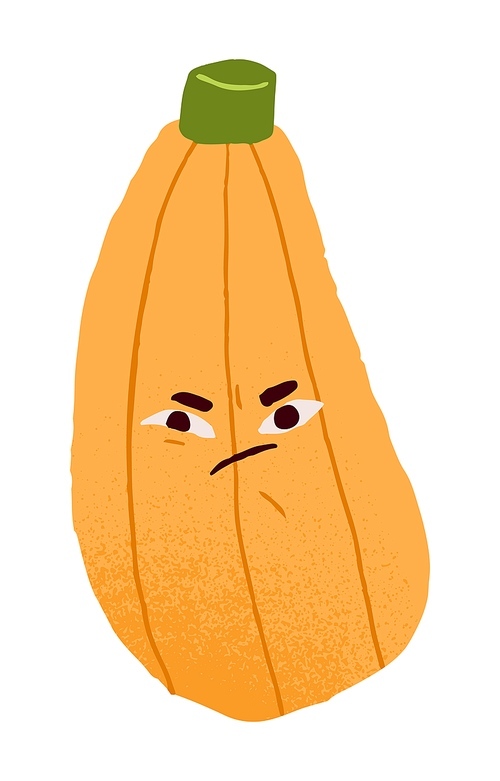 Annoyed discontent vegetable character. Funny food, irritated displeased courgette with irritation emotion, angry expression, bad temper. Flat vector illustration isolated on white background.