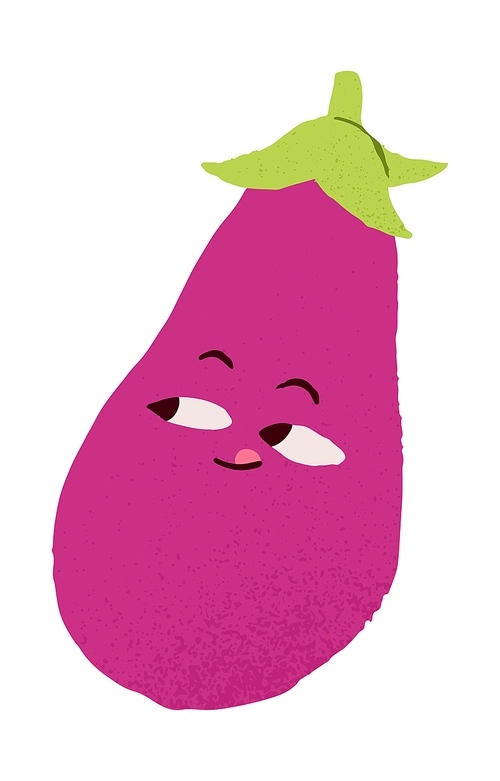 Cute funny eggplant with happy interested face expression. Amusing vegetable character, comic sexy aubergine with curious excited emotion. Flat vector illustration isolated on white background.