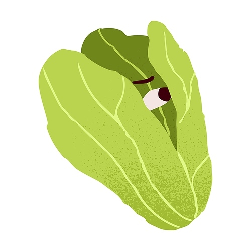 Cute funny lettuce, afraid vegetable character with fear, panic emotion, frightened face expression. Anxious worried leaf salad food. Comic flat vector illustration isolated on white background.