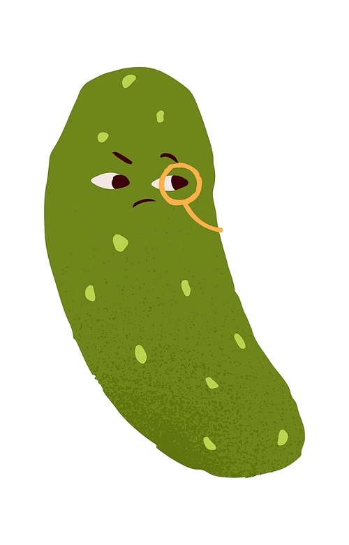 Suspicious sceptical cucumber with distrustful face expression, doubting emotion. Funny discontent vegetable character with monocle eyeglass. Flat vector illustration isolated on white background.