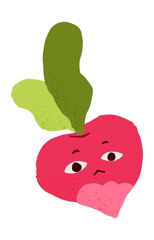 Sad depressed beet character. Funny vegetable with pessimistic face expression, unhappy emotion. Cute beetroot feeling sadness, bad mood. Flat vector illustration isolated on white background.