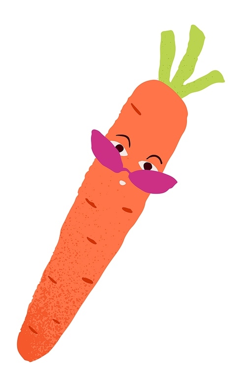 Cute carrot character in sunglasses. Cool funny vegetable with curious interested excited amazed face expression, emotion. Childish flat vector illustration isolated on white background.