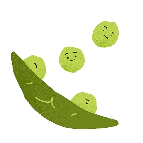 Funny comic peas from open pod. Cute green beans of vegetable. Amusing characters with sad, indifferent, bored, careless faces, emotions. Flat vector illustration isolated on white background.