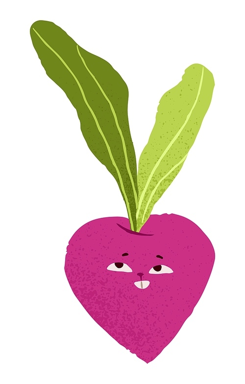 Cute funny beet, vegetable character with amusing happy emotion, face expression. Smiling cheerful joyful beetroot with leaves. Childish flat vector illustration isolated on white background.