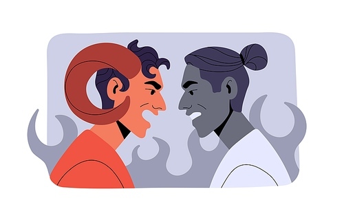 Aries astrology zodiac sign concept. Anger character in astrological horoscope. Irritated people quarrel, arguing, choleric man with horns rage. Flat isolated vector illustration on white background.