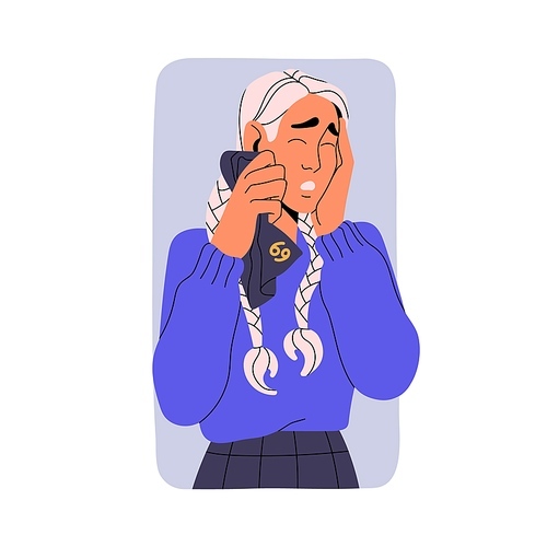 Cancer astrology zodiac sign concept. Sad character in astrological horoscope. Woman cry, upset girl in sorrow, person in frustrated feelings. Flat isolated vector illustration on white background.