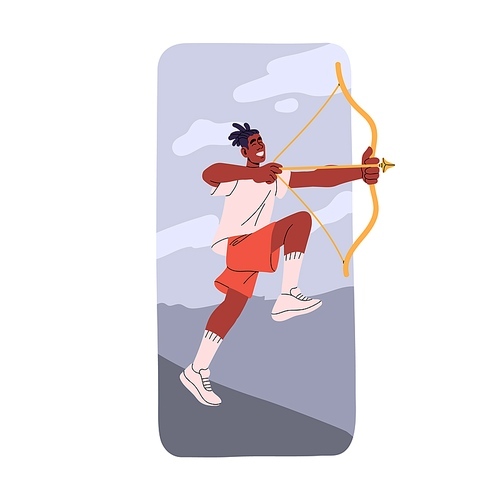 Happy archer aiming with arrow and bow. Man Sagittarius, astrology zodiac avatar. Bowman, archery. Target, purpose, objective concept. Flat graphic vector illustration isolated on white background.