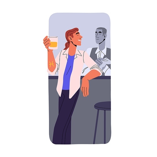 Pisces astrology zodiac sign concept. Friendly character in astrological horoscope. Man relax in bar. Person communicate with people. Flat isolated vector illustration on white background.