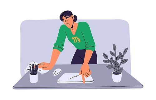 Virgo astrology zodiac sign concept. Economic character in astrological horoscope. Woman cleaning house, girl does housework, wipe off dust on table. Flat isolated vector illustration on white.