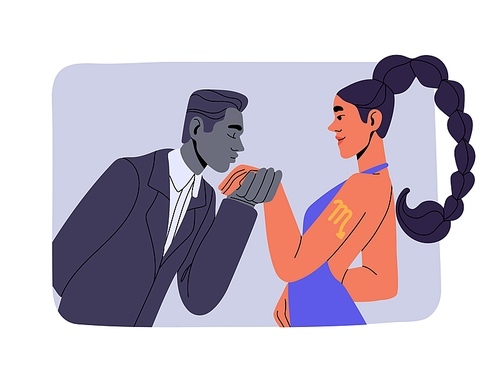 Scorpio astrology zodiac sign concept. Scorpion in astrological horoscope. Man kisses the hand of beautiful woman. Stylish couple on date. Flat isolated vector illustration on white background.