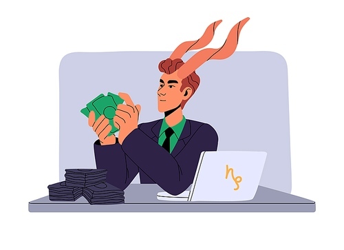 Capricorn astrology zodiac sign concept. Rich man count money, hold wealth. Success in business, wealthy businessman with horns. Astrological horoscope flat isolated vector illustration on white.