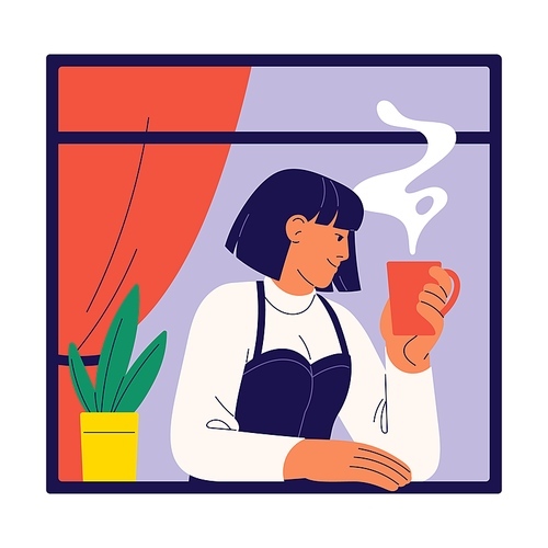 Young woman drink hot coffee in window. Happy girl alone rest at home with cup of tea, indoor. Lonely female person in apartment spend morning, people relax in apartment. Flat vector illustration.
