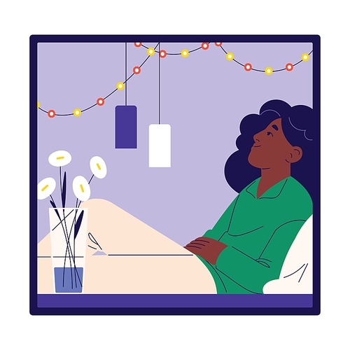 Happy woman dreaming at home alone. Black girl look on lights and relax indoor, person lying and think on window in house. Lonely people sitting, rest in evening with garland. Flat vector illustration.