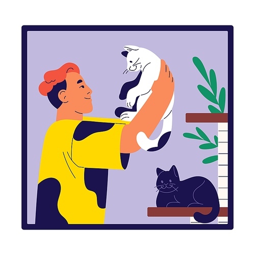 Happy woman with short haircut hugs cute cat. Person relax with adorable fluffy kittens, funny kitty. Girl rest with animal in loneliness. Owner of two pets flat isolated vector illustration.