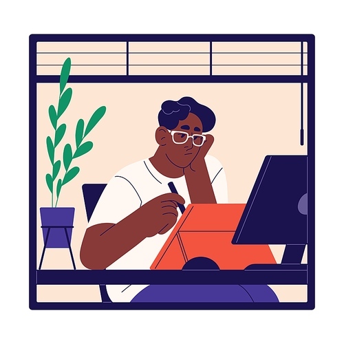 Young black man illustrator work at home office. Freelance designer drawing on tablet, laptop, computer. Pensive worker in online business, employee at digital design. Flat vector illustration.