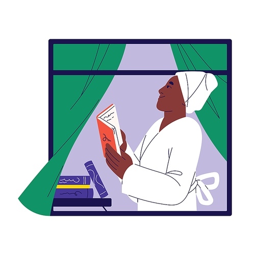 Black woman reading book in window. People do morning routine, person wearing white bathrobe after bathing, relax on weekend. Female rest on holiday, girl do self care. Flat vector illustration.