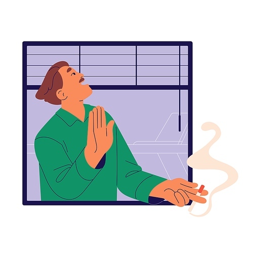 Smoking man waving hand, greeting gesture. People talk with neighbors. Smoker standing with cigarette in window. Moustached person with bad habit laughing, looking up. Flat vector illustration.
