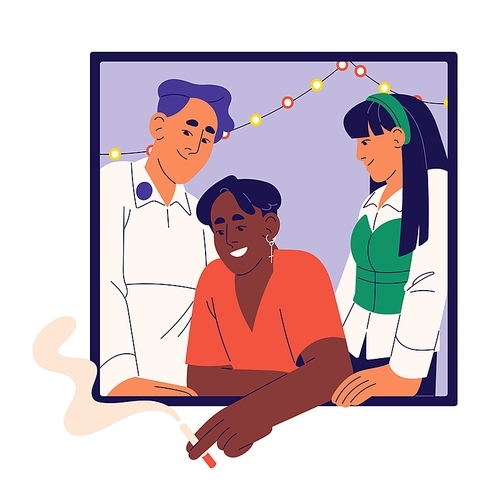 Happy friends smoke cigarettes, look down from the window and laughing. People smile and rest at fun home party with lights. Neighbors students spend time together in flat. Vector illustration.