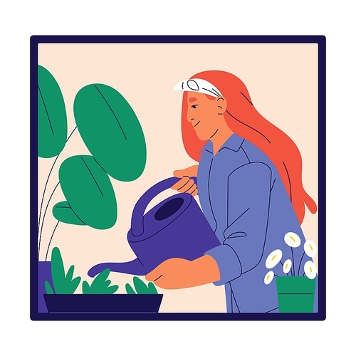 Woman standing with watering can, care about houseplants in pots. Home garden with flowers. Redhead girl in green interior with indoor plants. Female hobby, floriculture. Flat vector illustration.