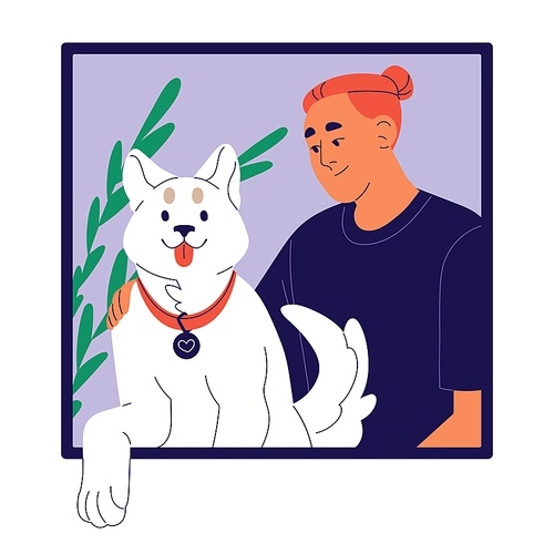 Best friends: people and dog. Person hug fluffy pup at home. Happy owner smile, cute pet live at house, young man and furry puppy sit in window. Flat isolated vector illustration on white background.
