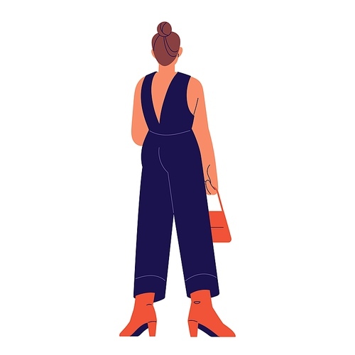 Young woman standing, hold bag in hand, back view. Girl wearing official overalls. Elegant female suit, modern formal outfit, urban style. Flat isolated vector illustration on white background.