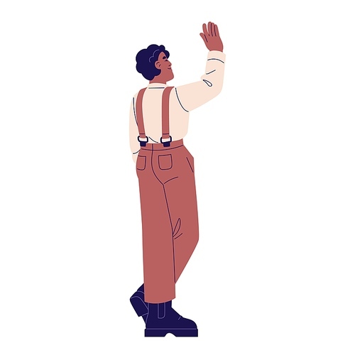 Black man in pants with suspenders welcome, back view. Boy standing, up hand and waving. Young person in trousers greet, student gesture Hi, Bye. Flat isolated vector illustration on white background.