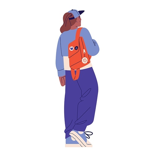 Black woman standing with backpack on shoulder, back view. Girl in oversize outfit looks away. Young person in cap. Female modern urban style. Flat isolated vector illustration on white background.