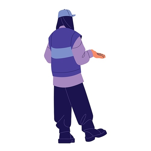 Person standing in a vest, back view. People wearing in casual urban outfit, clothes in oversize style. Young woman in cap backside. Flat isolated vector illustration in white background.