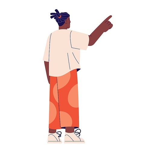 Young black man standing in oversize outfit back view. Person pointing with his hand. Student in urban clothes looks away. Male casual style flat isolated vector illustration on white background.