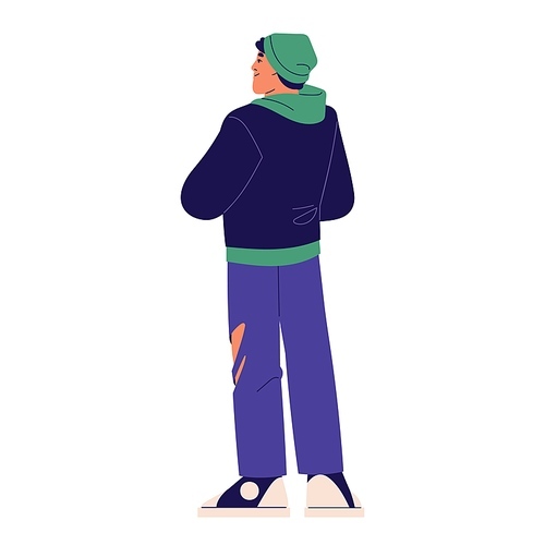 Young man in warm clothes standing, back view. Boy wearing ripped jeans, person in hat, hoody. People in urban outfit looks away. Male street style flat isolated vector illustration on white.