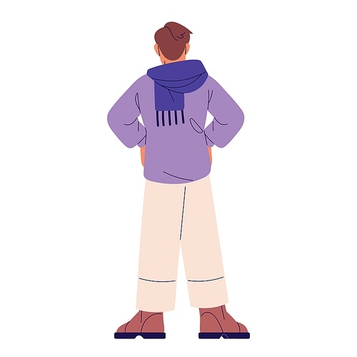 Man standing in pose: hands on his hips, back view. Young person wearing trousers, boy with warm scarf in urban outfit, casual male style. Flat isolated vector illustration on white background.