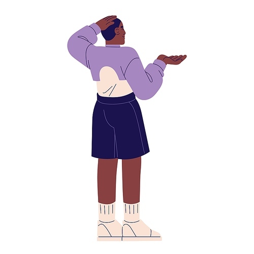 Young black man standing, back view. Boy wearing clothes in sport style, person in cropped sweatshirt and shorts. Fashionable urban male outfit. Flat isolated vector illustration on white background.