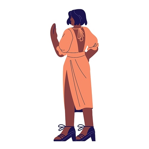 Black woman standing back view. Girl wearing dress, clothes in elegant style, romantic person in lovely outfit looks away. Fashionable female character flat isolated vector illustration on white.