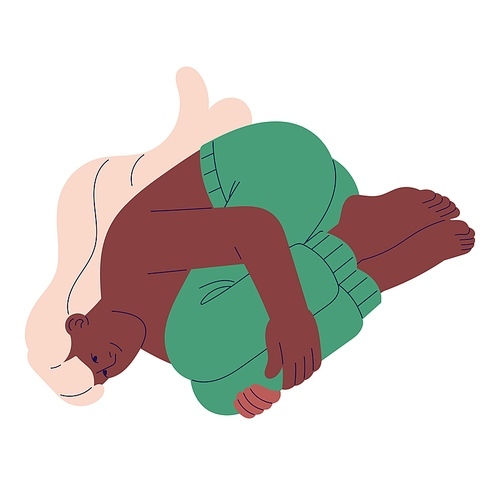 Black woman flying in dream. Girl lying in weightlessness, hugs her legs, hands on knees. People curl up in zero gravity, relax in flight. Flat isolated vector illustration in white background.