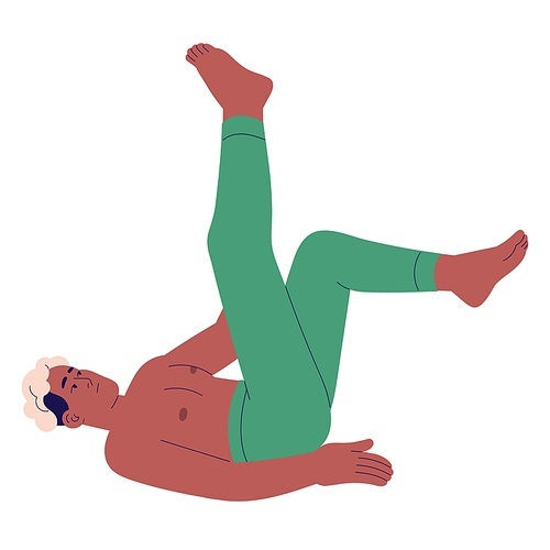 Young black man dangles feet in air. People falling, tumble, slipping upside down. Boy lying on floor, relax in weightlessness. Flight in zero gravity flat isolated vector illustration on white.