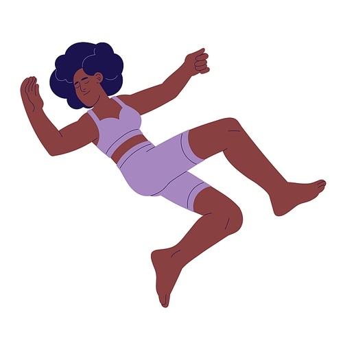 People outstretched hands sleep. Woman lying in weightlessness. Happy girl rest in air, relax in zero gravity. Female fly in dream, imagination. Flat isolated vector illustration on white background.