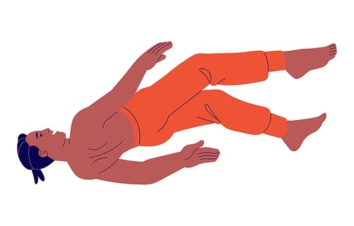 Person fly in dream. Young man floating in imagination, boy falling in weightlessness, back view. People in zero gravity. Free flight in air. Flat isolated vector illustration on white background.
