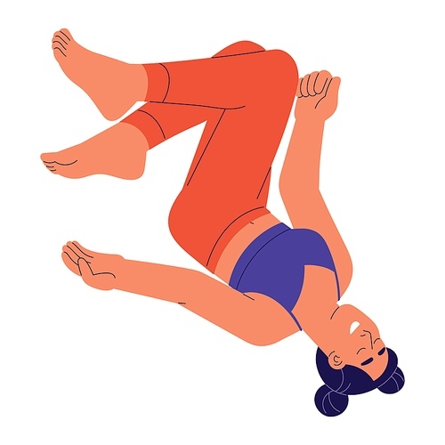 People fly in dream. Young woman free falling in imagination, person relax, meditate in weightlessness. Girl floating upside down in vision. Flat isolated vector illustration on white background.