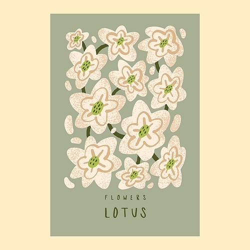 White flower poster. Lotus blossom, gentle bloom. Summer nature artwork, beautiful Asian plant on postcard. Botanical background, floral vertical card for interior decoration. Flat vector illustration.