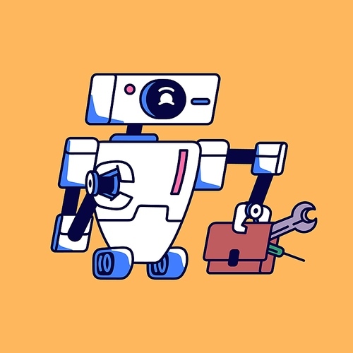 Cute robot with funny face for repair, fix service. Smart computer mechanic with engineer tools, spanner. Repairman humanoid of electronic tech. Future technology. Flat isolated vector illustration.