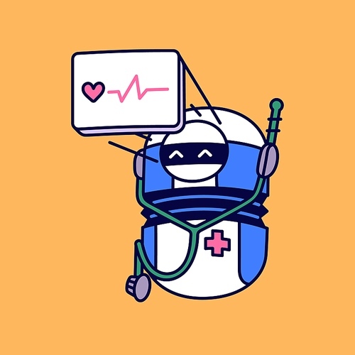 Cute robot medic display cardiogram, ECG. Medical machine care about heart, cardio, health. Healthcare computer, AI program with stethoscope for hospital, clinic. Flat isolated vector illustration.